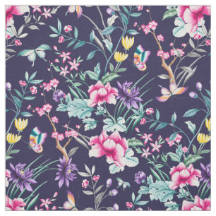 Vintage Flower Garden Rainbow Butterfly  Blue Fabric