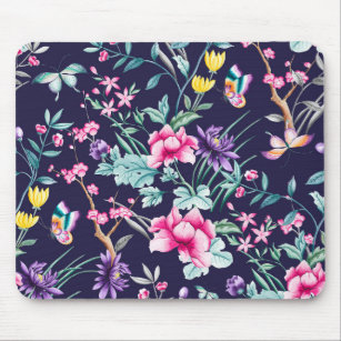 Vintage Flower Garden Rainbow Butterfly Blue Mouse Pad