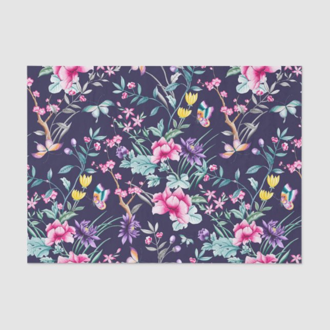 Vintage Flower Garden Rainbow Butterfly Blue Tissue Paper (Front)