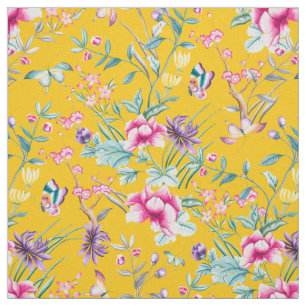 Vintage Flower Garden Rainbow Butterfly  Yellow Fabric