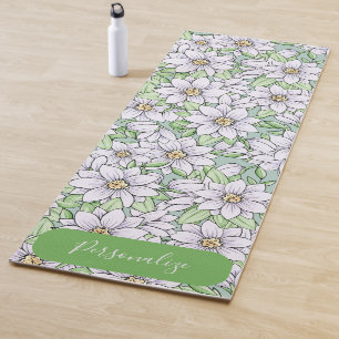 Vintage Flower Garden White Floral Green Leaves Yoga Mat