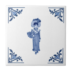 Vintage Flower Girl Delft Corner Blue and White Ceramic Tile