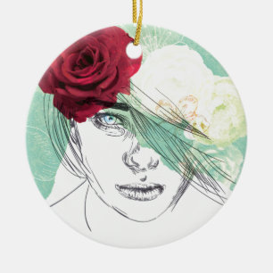 Vintage flower girl illustration ceramic ornament