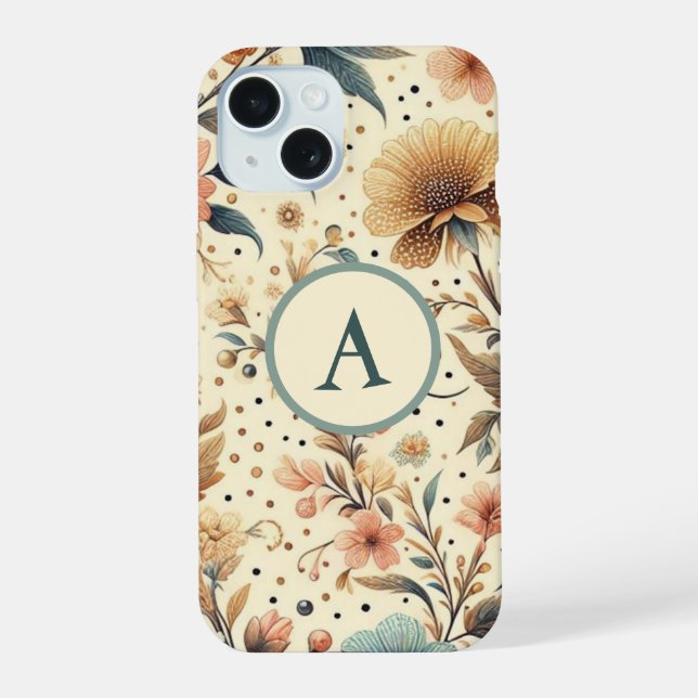 Vintage Flower Medley : Custom Initial iPhone 15 Case (Back)