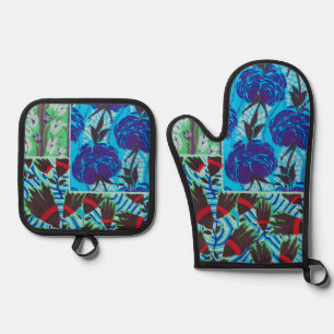 Vintage Flower Pattern Art Nouveau Botanical Oven Mitt & Pot Holder Set