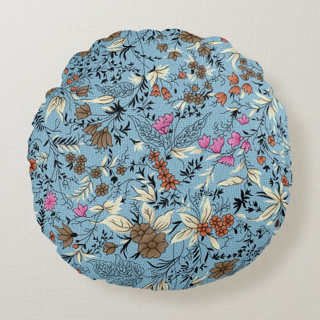 Vintage flower pattern, blue background. round cushion (Front)