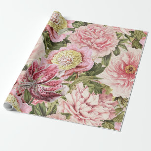 Vintage Flower Peony + Lily Pattern Illustration Wrapping Paper