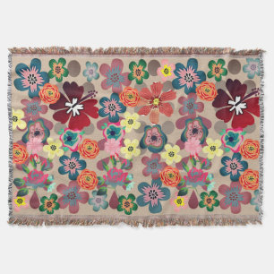 Vintage Flower Power Colourful Floral Beige Throw Blanket