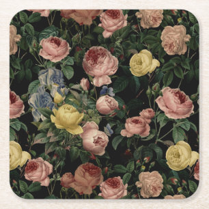 Vintage Flower Roses and Iris Pattern-Dark Dreams Square Paper Coaster