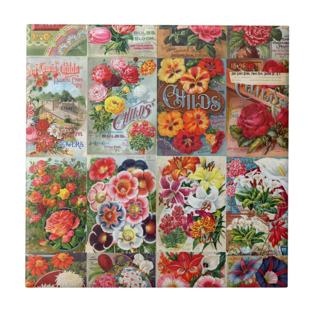 Vintage Flower Seed Packets Garden Collage Tile (Front)