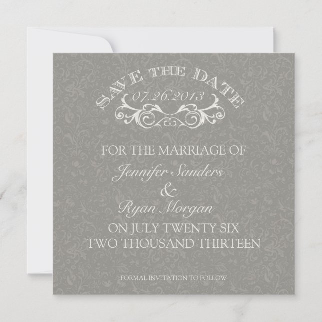 Vintage Flower Swirl Monogram Grey Save the Date (Front)