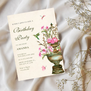 Vintage flower vase bouquet garden birthday invitation
