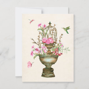 Vintage flower vase bouquet garden watercolor postcard