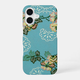 Vintage Flower Wallpaper Teal Floral Pattern iPhone 16 Case