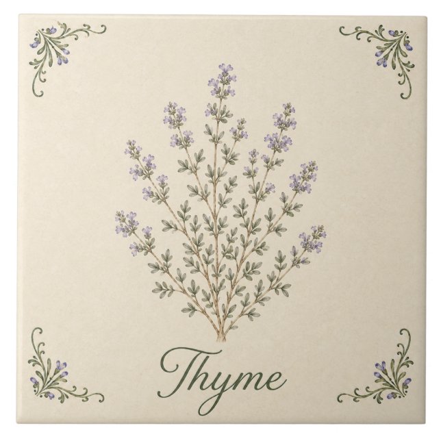 Vintage Flowering Thyme Botanical Kitchen Herb Ceramic Tile (Front)
