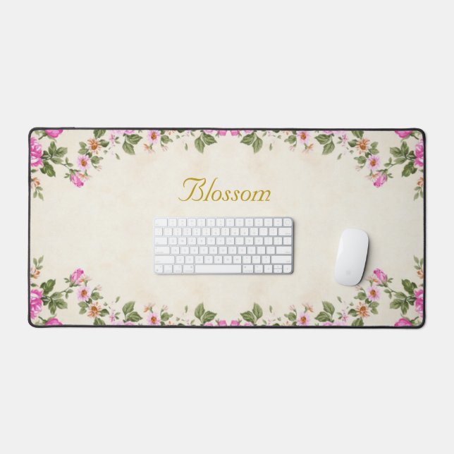 Vintage Flowers and Editable Golden Script Desk Mat (Keyboard & Mouse)