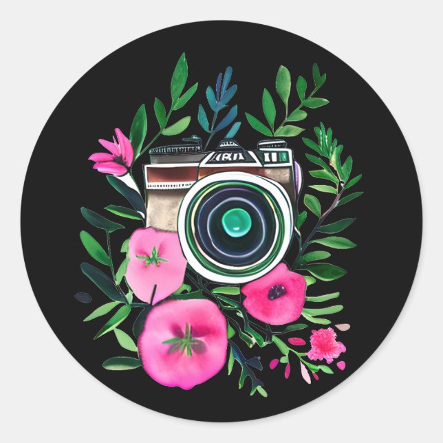 Vintage Flowers and Retro Camera Personalised Classic Round Sticker (Front)