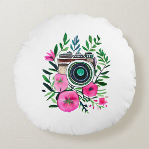 Vintage Flowers and Retro Camera Personalised Round Cushion