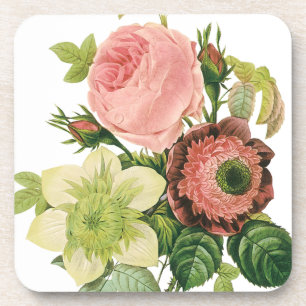 Vintage Flowers, Anemone Roses Clematis by Redoute Coaster