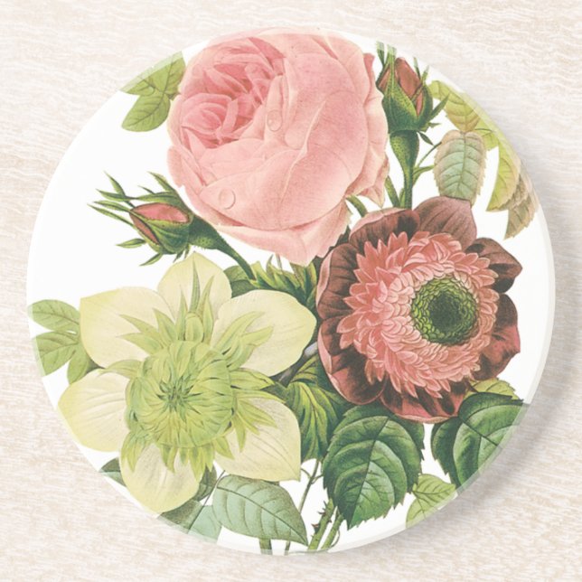 Vintage Flowers, Anemone Roses Clematis by Redoute Coaster (Front)