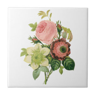 Vintage Flowers, Anemone Roses Clematis by Redoute Tile