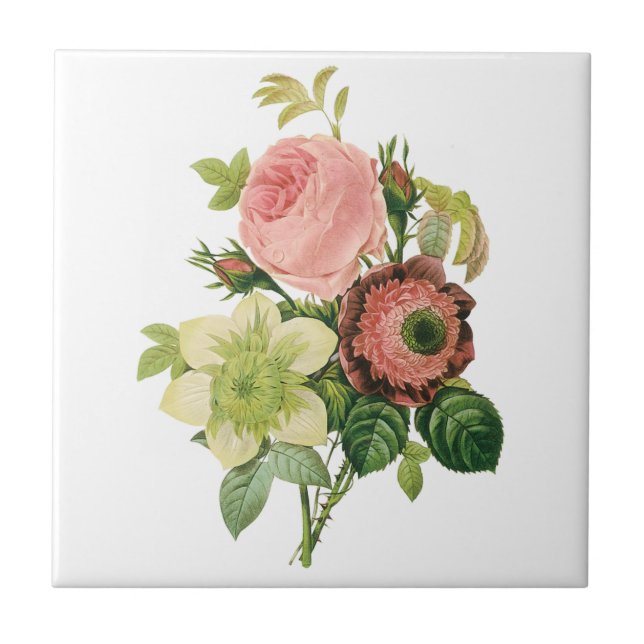 Vintage Flowers, Anemone Roses Clematis by Redoute Tile (Front)