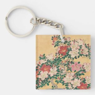 Vintage Flowers Azalea Japanese Painting Key Ring