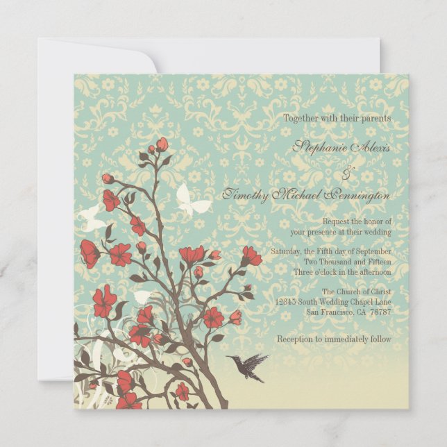 Vintage flowers, bird + damask wedding invitation (Front)