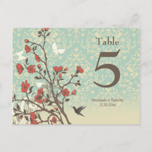 Vintage flowers bird + damask wedding table number postcard