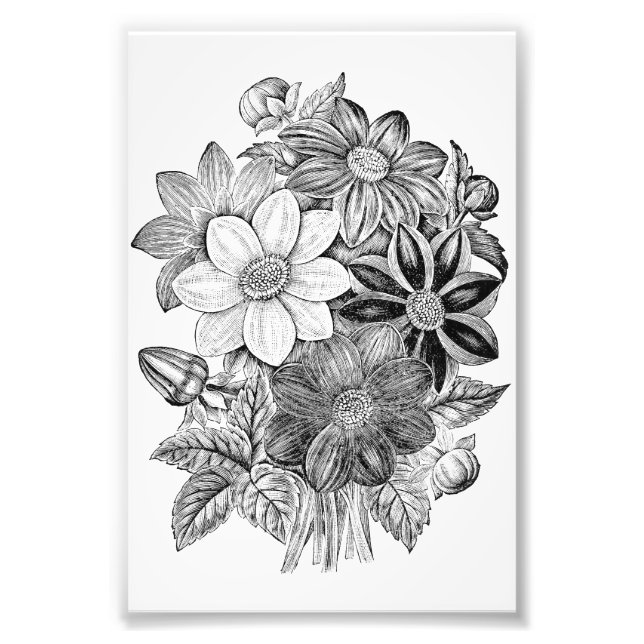 Vintage Flowers Black White Print (Front)