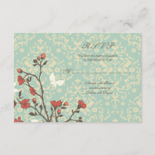 Vintage flowers + blue damask wedding rsvp reply card