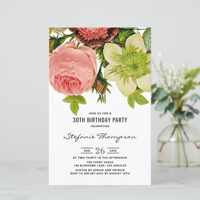 Vintage Flowers Botanical 30th Birthday Invitation (Standing Front)