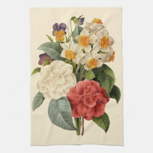 Vintage Flowers, Camellias and Narcissus, Redoute Tea Towel