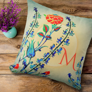 Vintage Flowers Carnation Tulips Monogrammed   Cushion