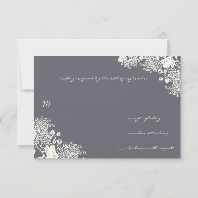 Vintage Flowers Chacoal Grey Wedding RSVP (Front)