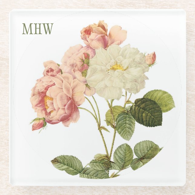 Vintage Flowers custom monogram glass coaster 2 (Front)