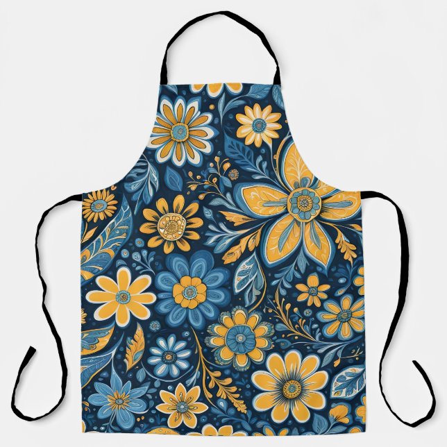 Vintage Flowers Design Hippie Retro Yellow Blue  Apron (Front)