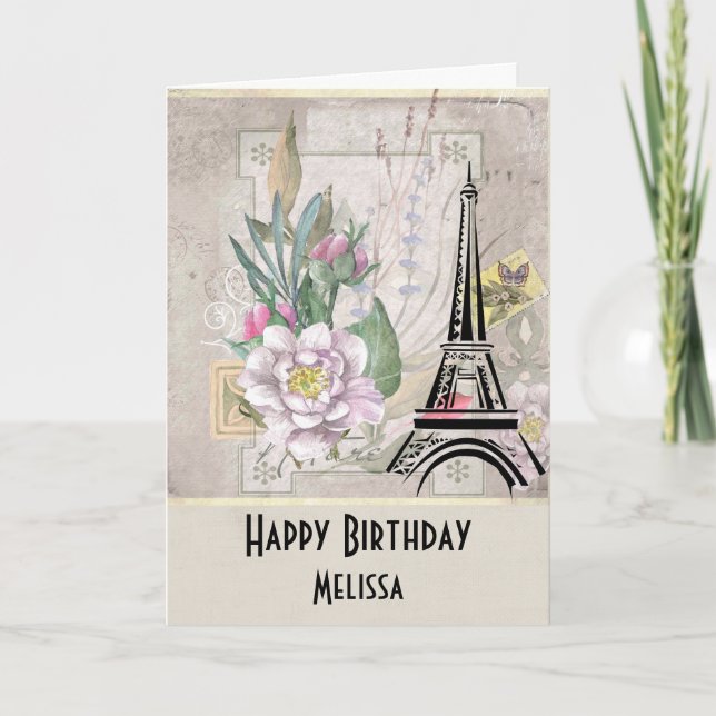 Vintage Flowers, Eiffel Tower and Burlap Birthday Card (Front)