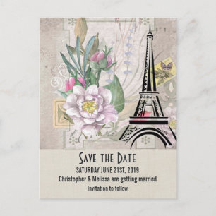 Vintage Flowers, Eiffel Tower Save the Date Postcard