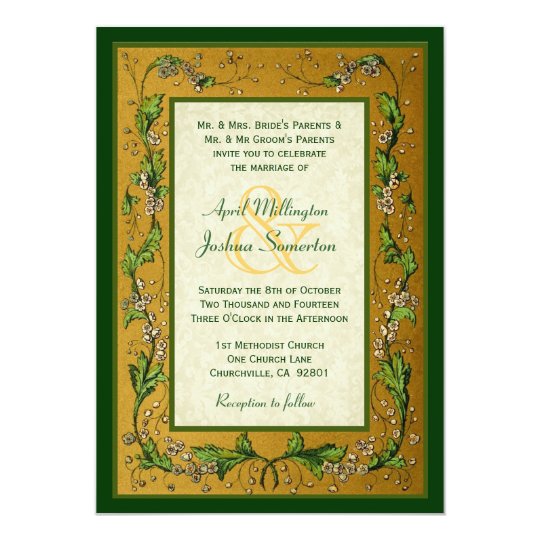 Vintage Flowers Gold and Green Wedding W752 Card