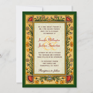 Vintage Flowers Gold Red Green Wedding W751 Invitation