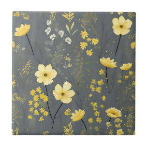 Vintage Flowers Grey and Yellow Ceramic Tile