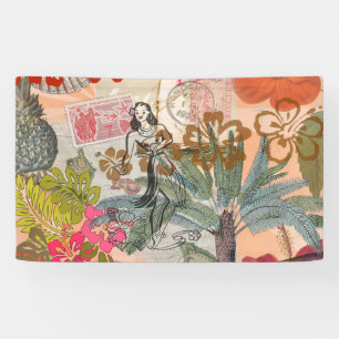 Vintage Flowers Hula Colourful Hawaiian Tropical Banner