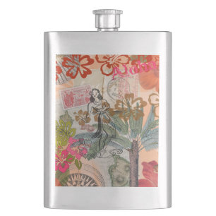 Vintage Flowers Hula Colourful Hawaiian Tropical Hip Flask