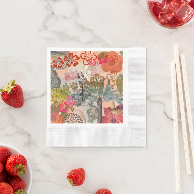 Vintage Flowers Hula Colourful Hawaiian Tropical  Napkin (Insitu)