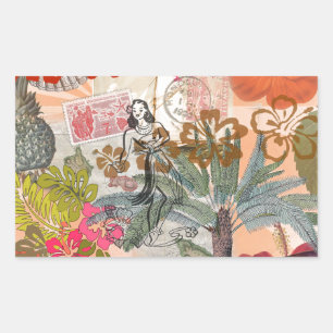 Vintage Flowers Hula Colourful Hawaiian Tropical Rectangular Sticker