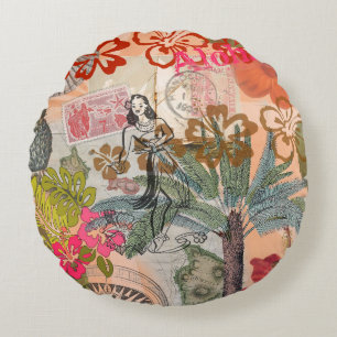 Vintage Flowers Hula Colourful Hawaiian Tropical Round Cushion