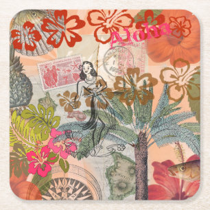 Vintage Flowers Hula Colourful Hawaiian Tropical  Square Paper Coaster