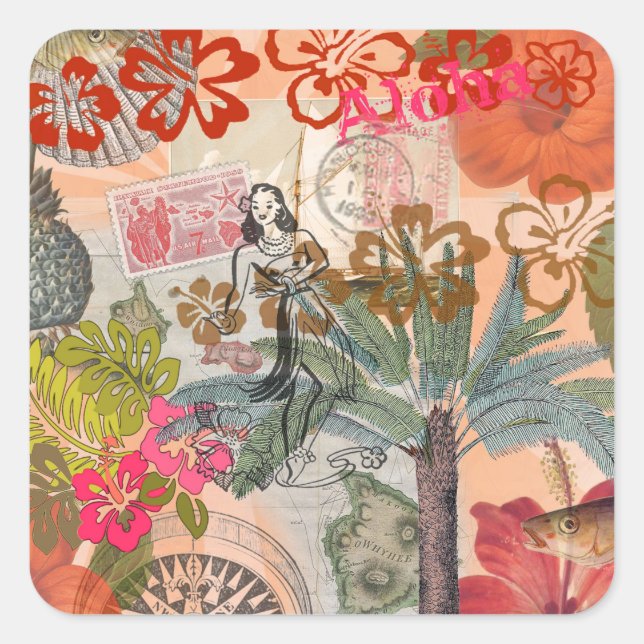 Vintage Flowers Hula Colourful Hawaiian Tropical  Square Sticker (Front)