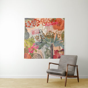 Vintage Flowers Hula Colourful Hawaiian Tropical Tapestry